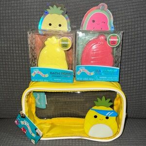 Squishmallow toiletry bag with/ 2 scented bath bomb w/ surprise charm inside